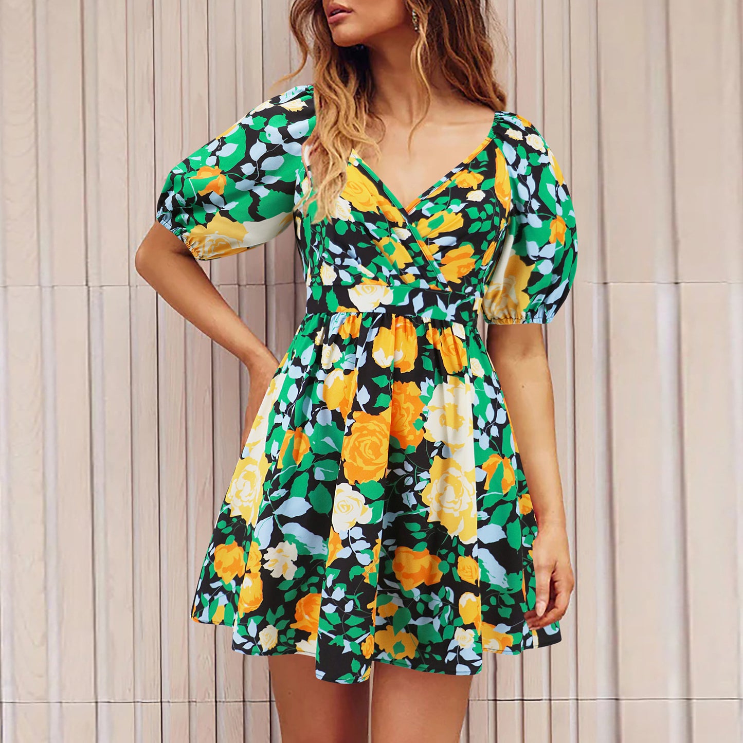 Flowers Print V-Neck Lantern-sleeve Dress Y2K Summer Vacation