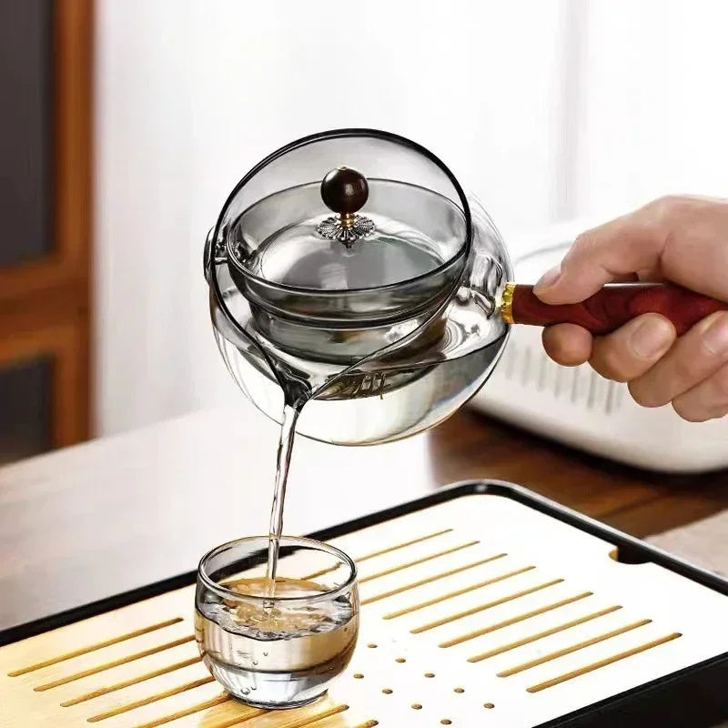 Semi-automatic Rotary Heat-resistant Glass Teapot Lazy Tea Making With Infuser And Wooden Handle