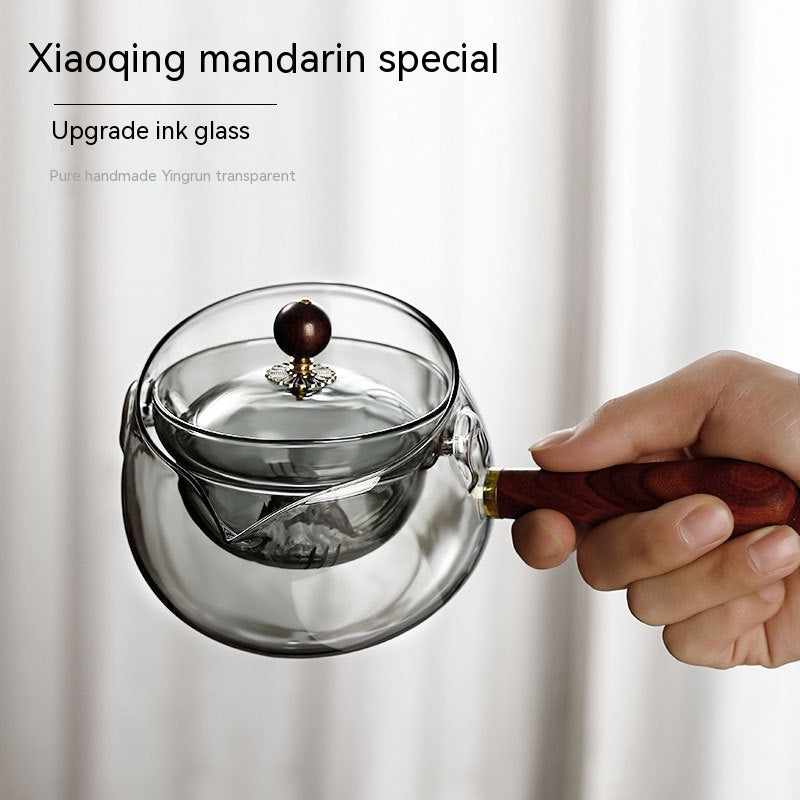 Semi-automatic Rotary Heat-resistant Glass Teapot Lazy Tea Making With Infuser And Wooden Handle