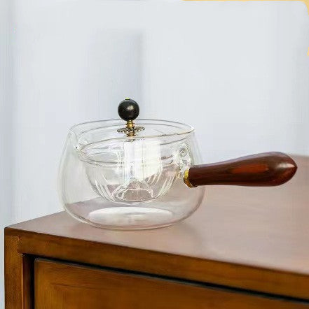 Semi-automatic Rotary Heat-resistant Glass Teapot Lazy Tea Making With Infuser And Wooden Handle