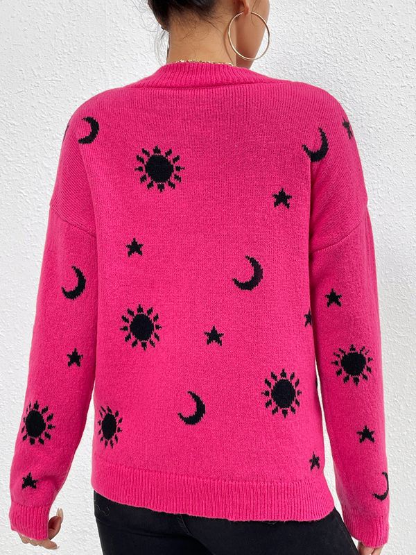 Jacquard Crewneck Pullover Knitted Sweaters For Women Casual