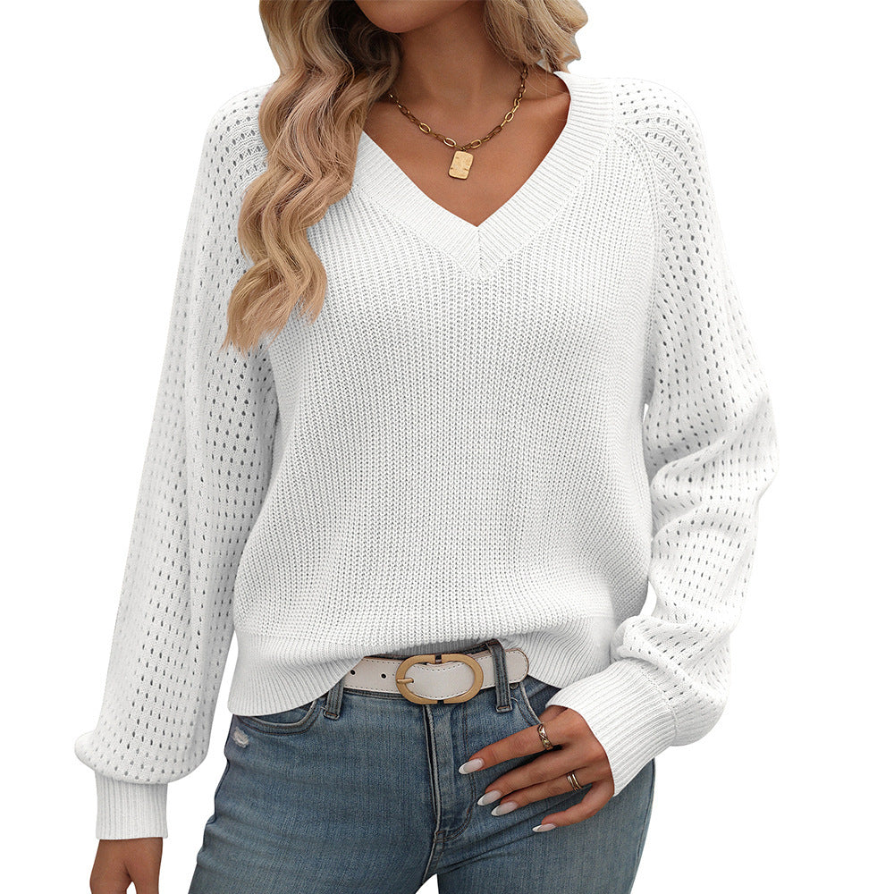 Women's Hollow Out V-neck Long Sleeve Sweater