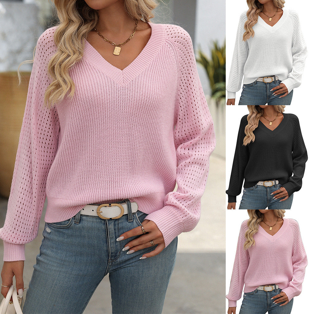 Women's Hollow Out V-neck Long Sleeve Sweater