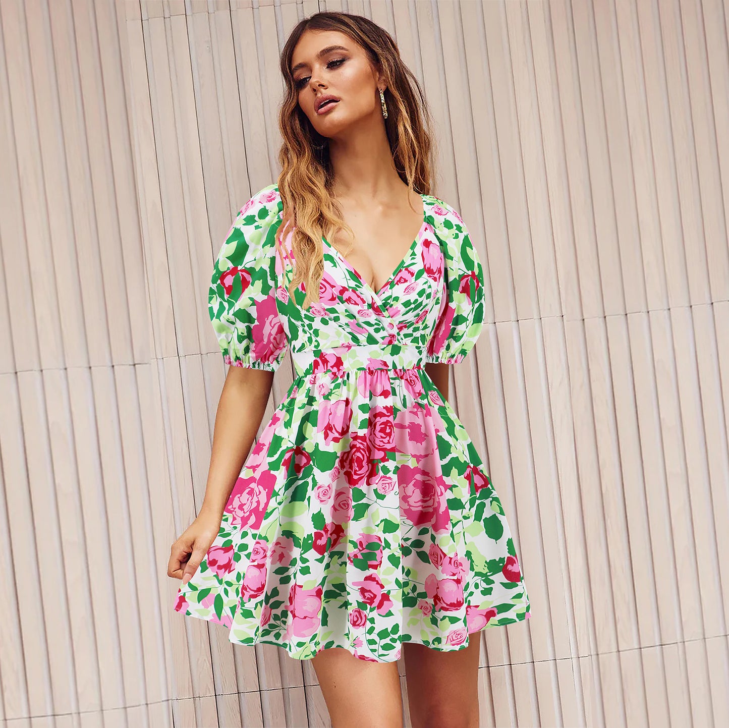 Flowers Print V-Neck Lantern-sleeve Dress Y2K Summer Vacation