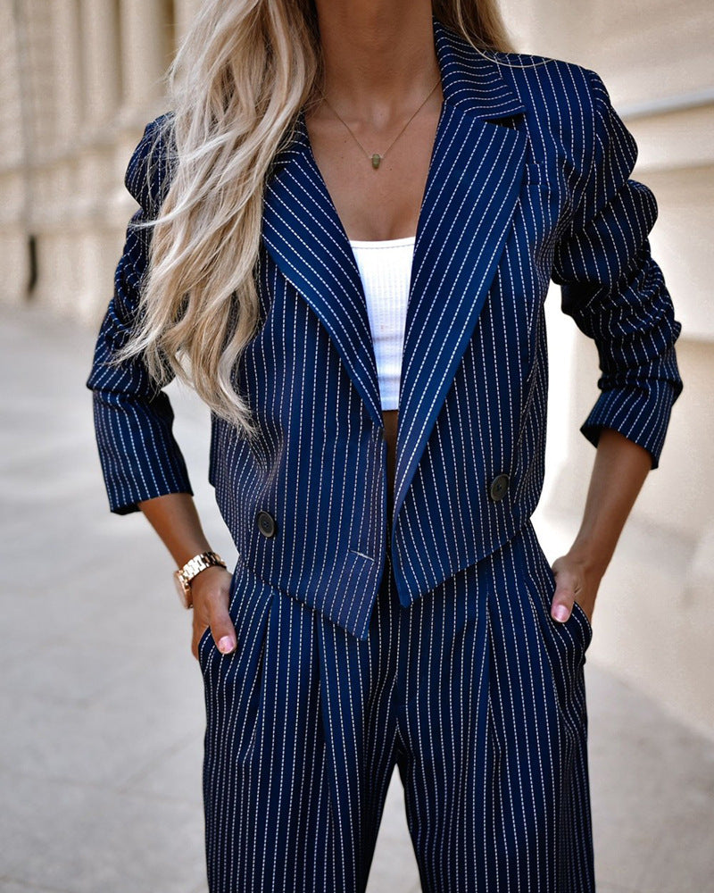 Suits Casual Lapel Long Sleeve Cropped Top And Straight Pants