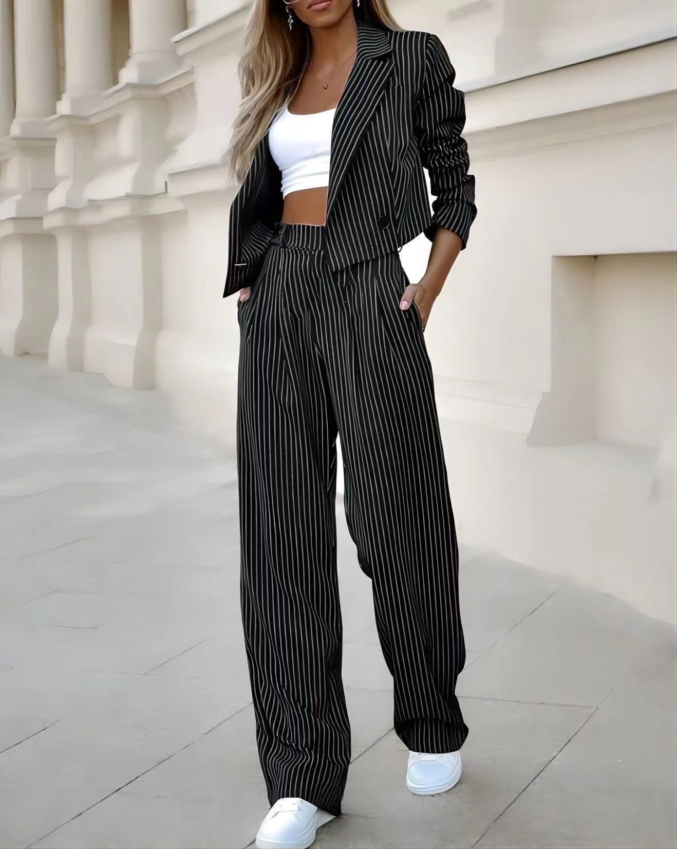 Suits Casual Lapel Long Sleeve Cropped Top And Straight Pants
