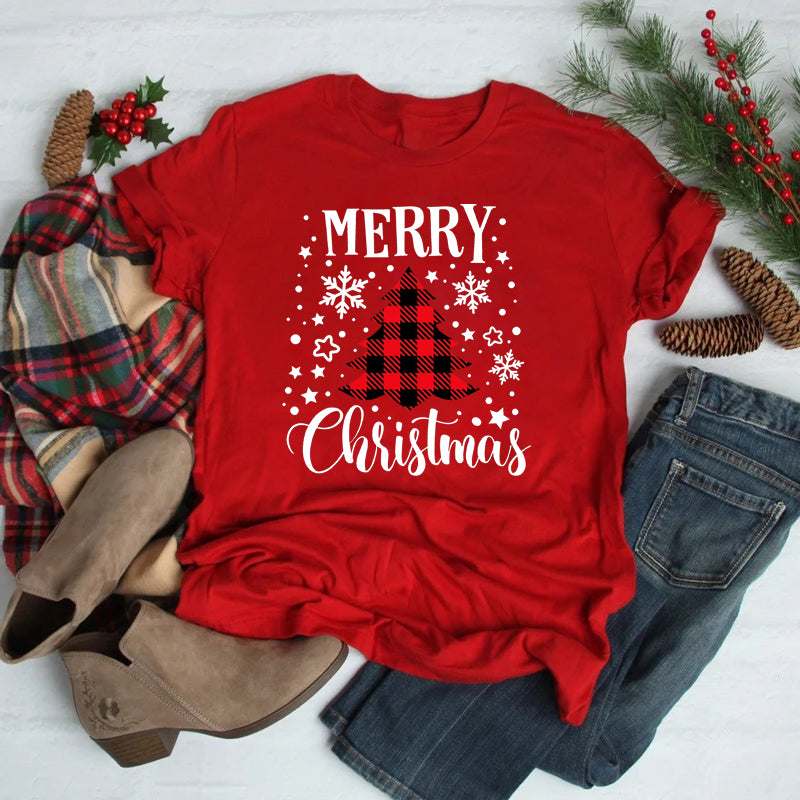 Foreign Trade Christmas Tree T-shirt Men And Women Red