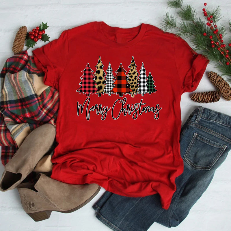 Foreign Trade Christmas Tree T-shirt Men And Women Red