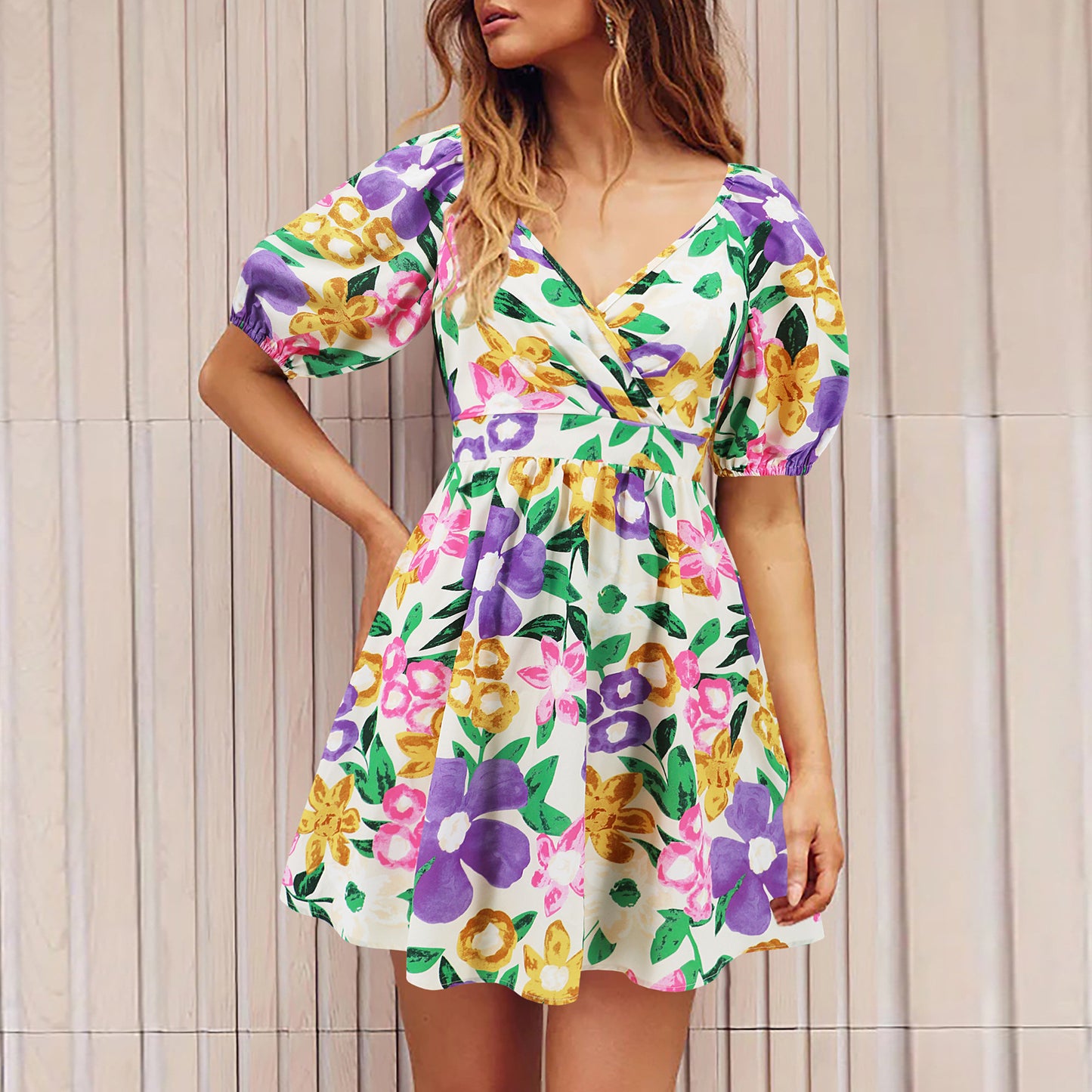 Flowers Print V-Neck Lantern-sleeve Dress Y2K Summer Vacation