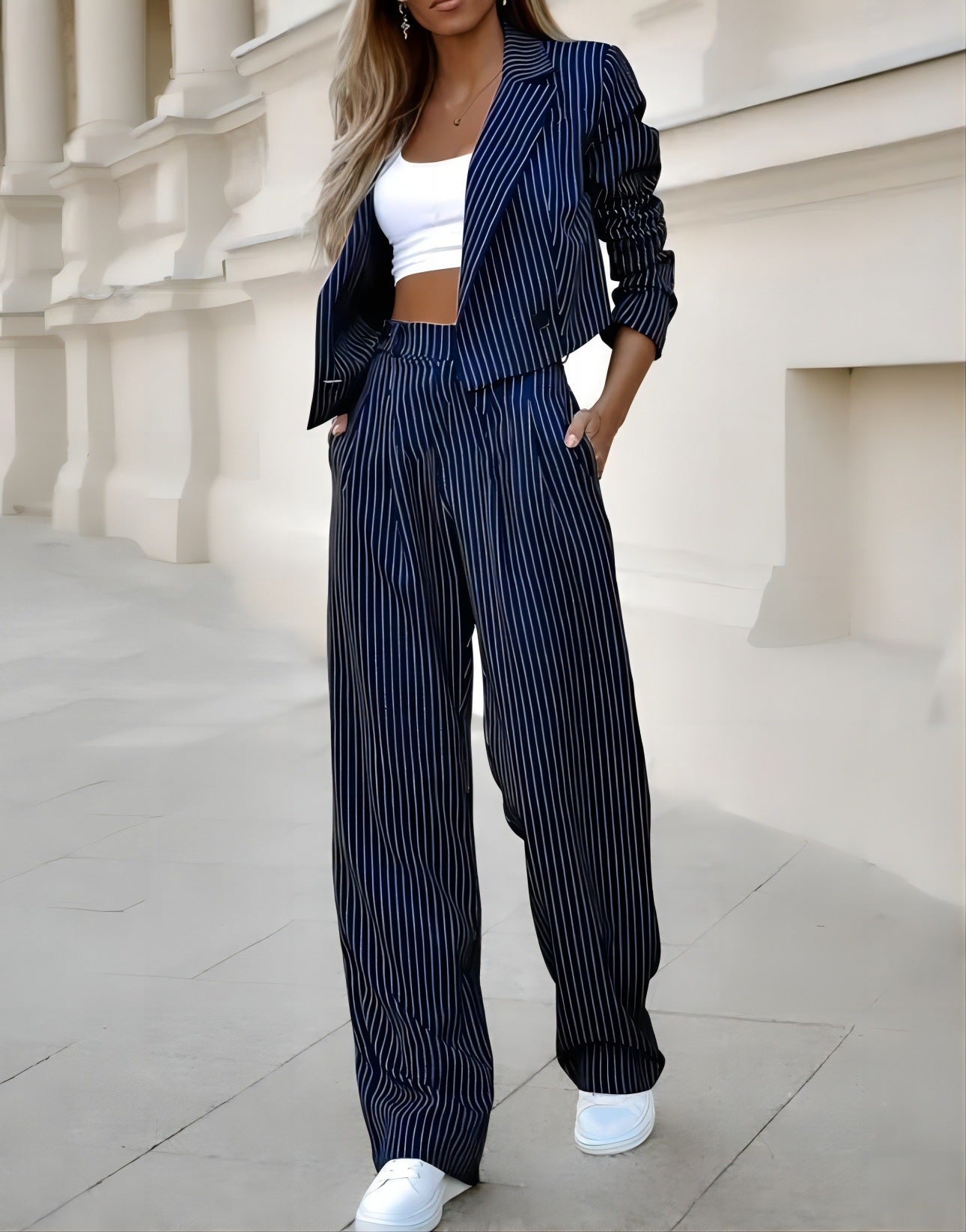 Suits Casual Lapel Long Sleeve Cropped Top And Straight Pants