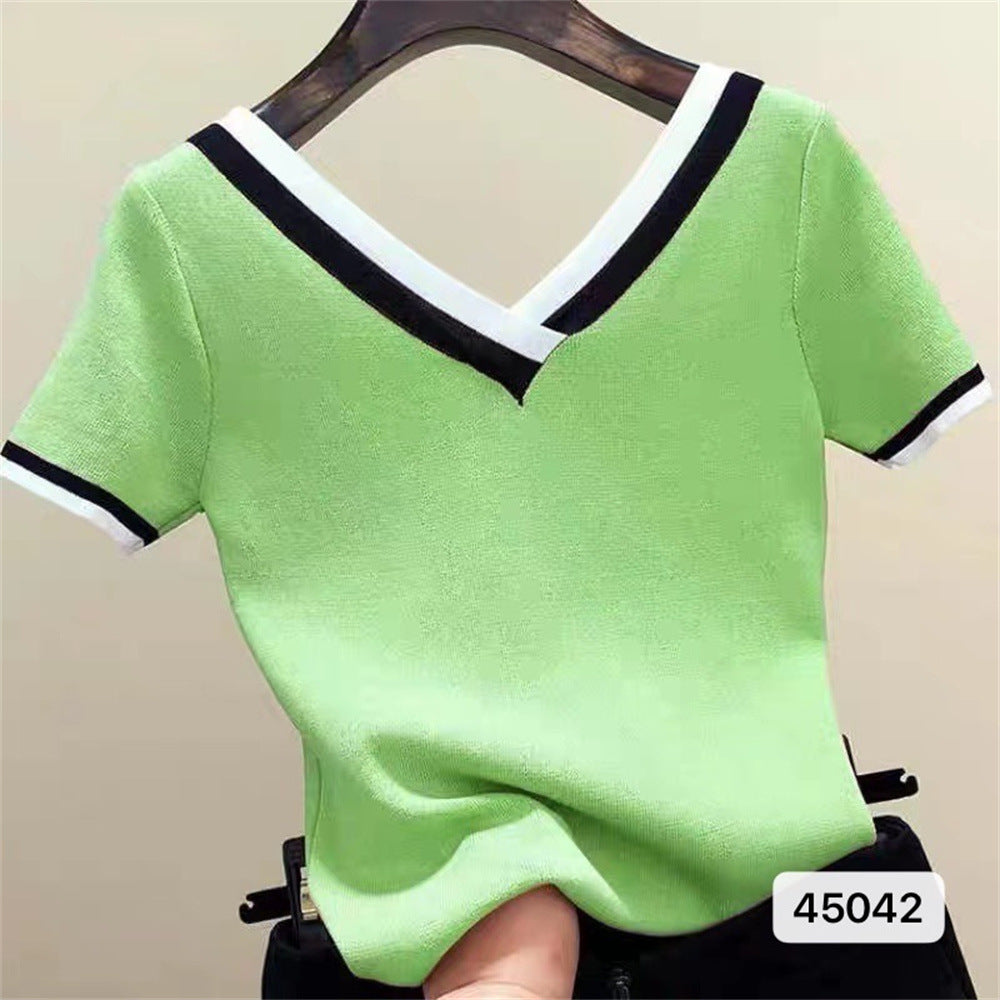 Women's Thin Sweater V-neck Ice Silk Top
