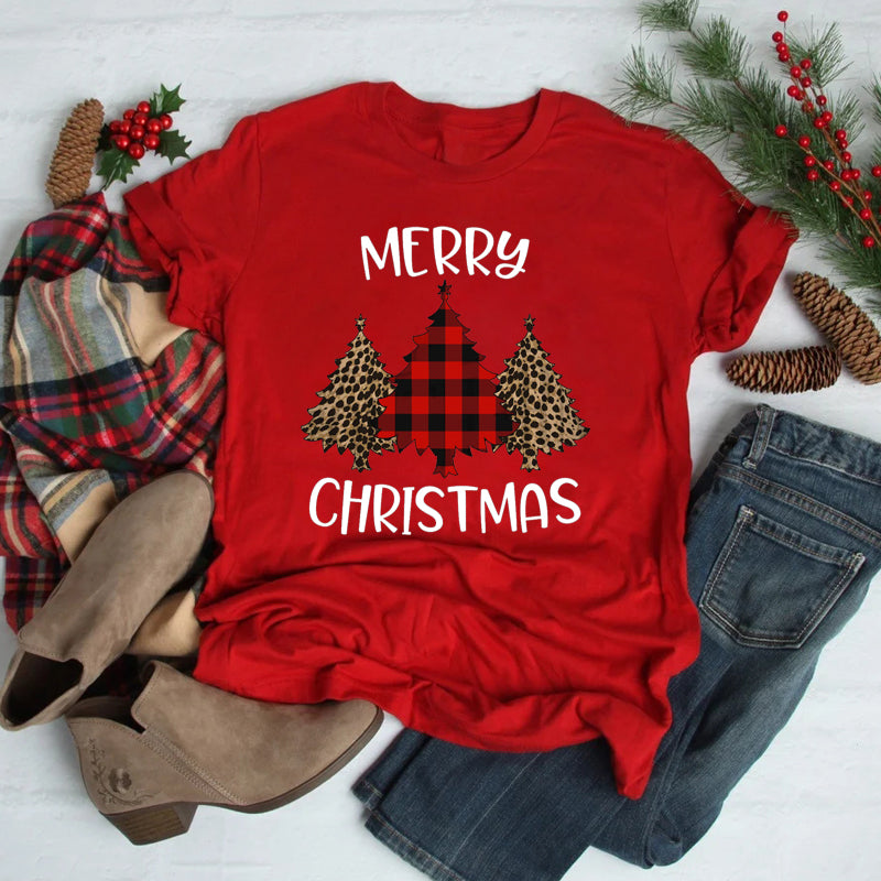 Foreign Trade Christmas Tree T-shirt Men And Women Red