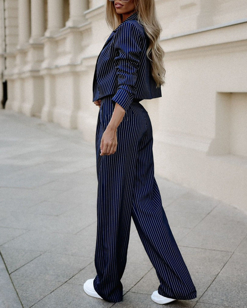 Suits Casual Lapel Long Sleeve Cropped Top And Straight Pants