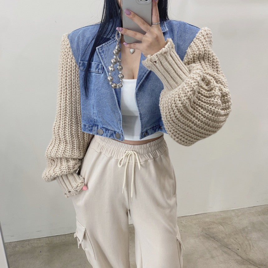Women's Autumn Retro Minority Patchwork Knitting Denim Coat