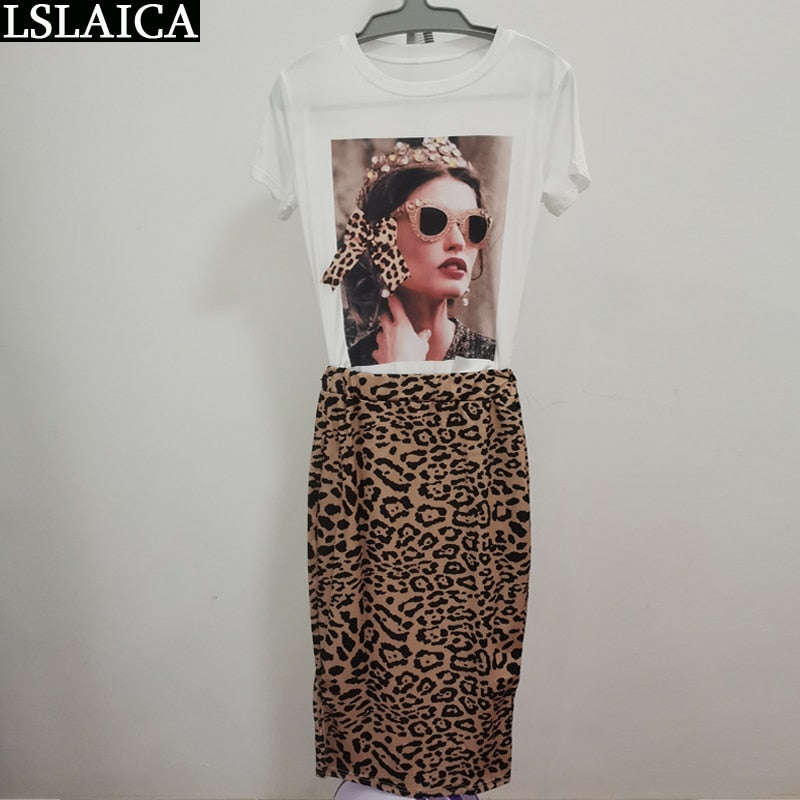Two Peice Set For Women Casual O-Neck T Shirt& Skirt Set Fashion Leopard Print Office Women Set Elegance Skinny Ropa Femenina