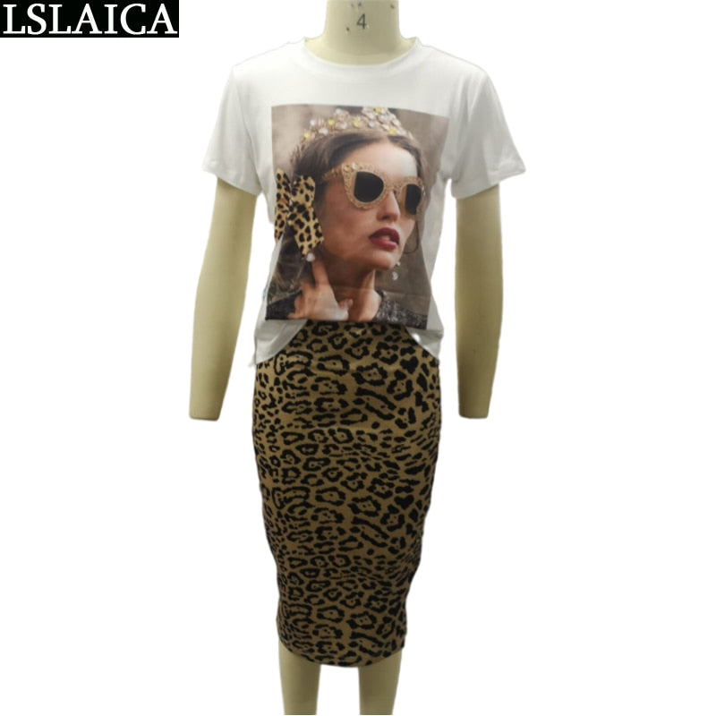 Two Peice Set For Women Casual O-Neck T Shirt& Skirt Set Fashion Leopard Print Office Women Set Elegance Skinny Ropa Femenina