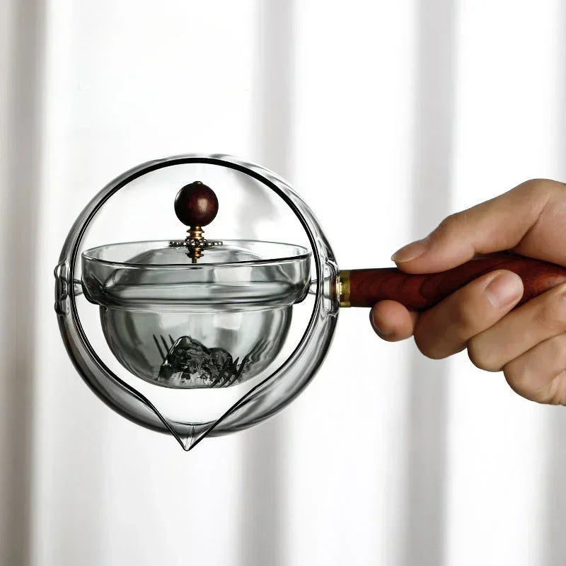 Semi-automatic Rotary Heat-resistant Glass Teapot Lazy Tea Making With Infuser And Wooden Handle