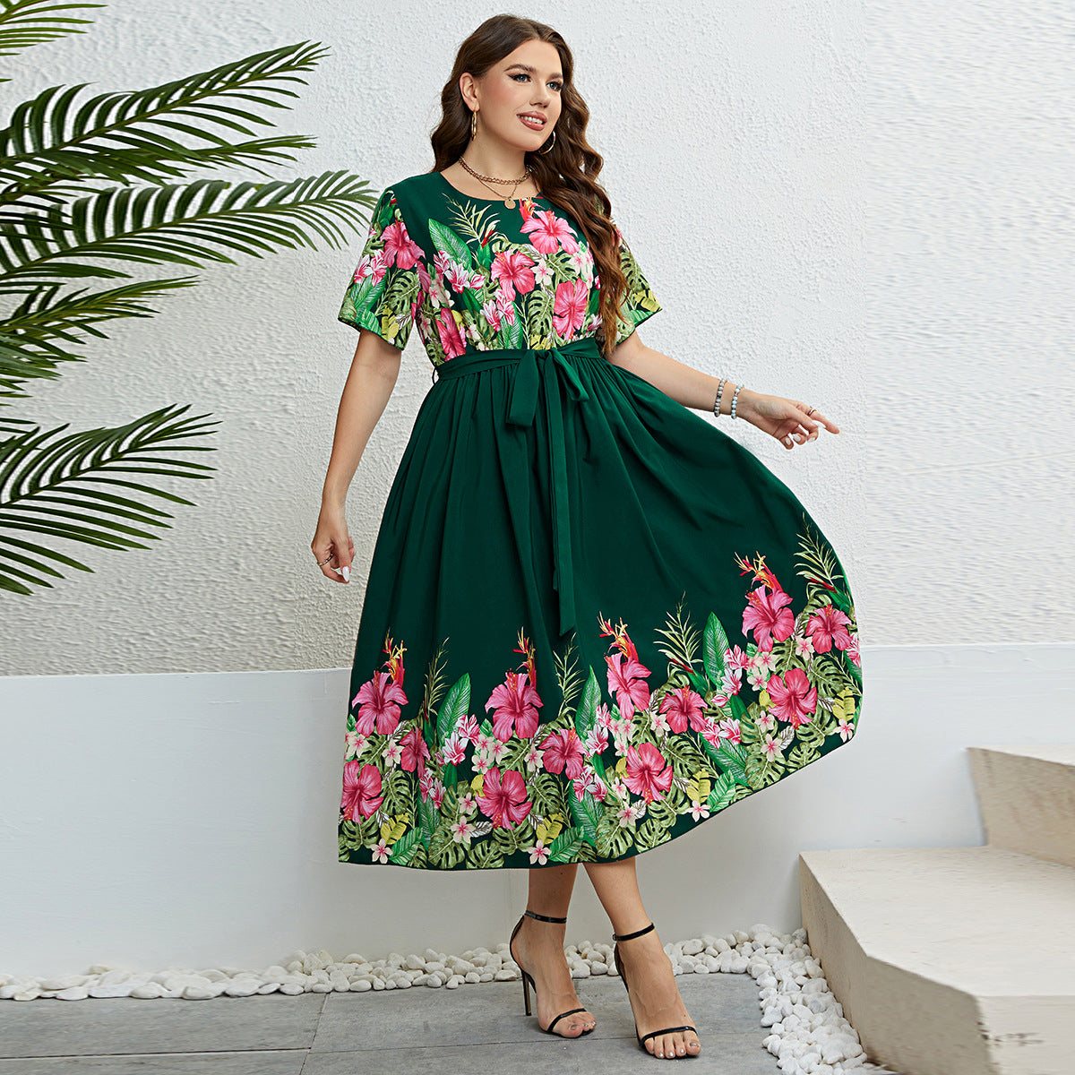 Summer Green Printing Lace-up Waist-controlled Dress For Women
