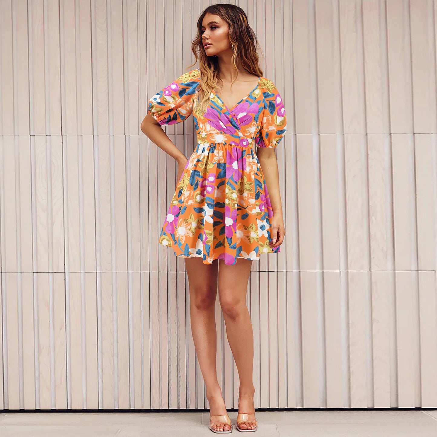 Flowers Print V-Neck Lantern-sleeve Dress Y2K Summer Vacation