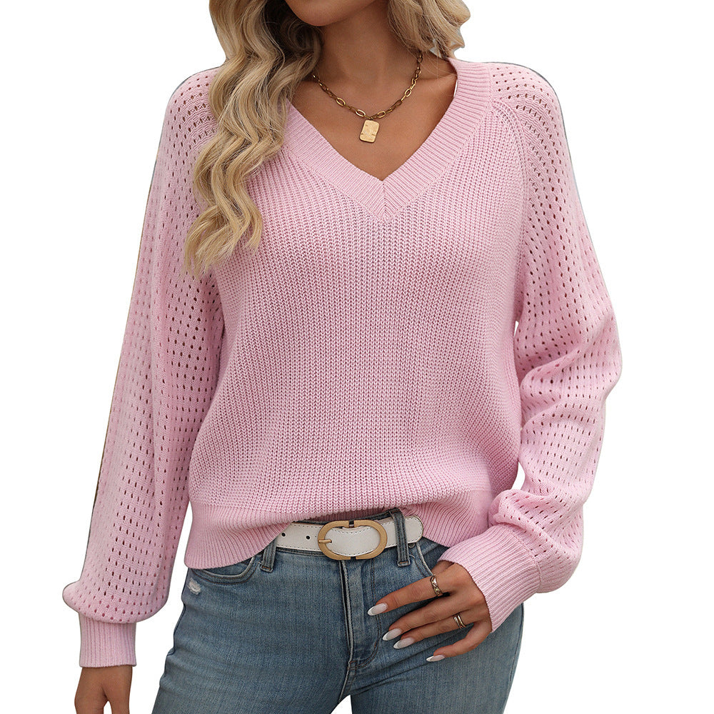 Women's Hollow Out V-neck Long Sleeve Sweater