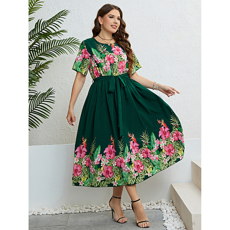 Summer Green Printing Lace-up Waist-controlled Dress For Women