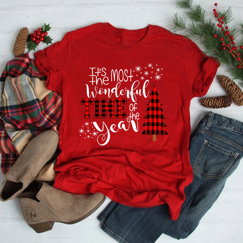 Foreign Trade Christmas Tree T-shirt Men And Women Red