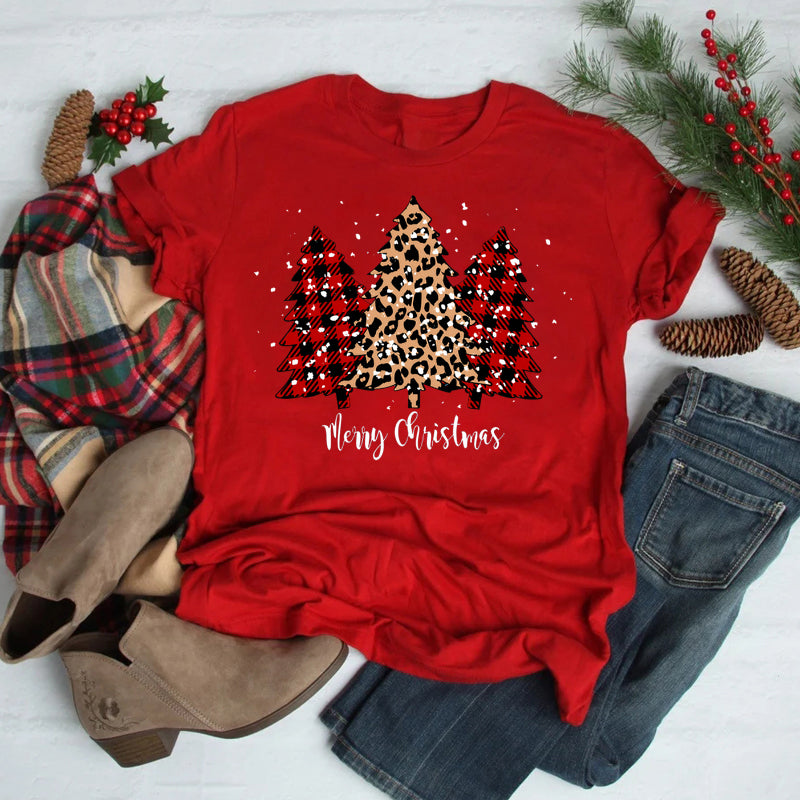 Foreign Trade Christmas Tree T-shirt Men And Women Red