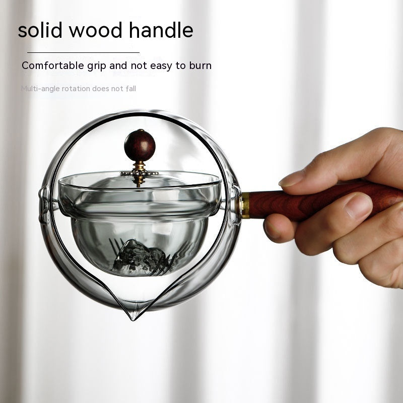 Semi-automatic Rotary Heat-resistant Glass Teapot Lazy Tea Making With Infuser And Wooden Handle