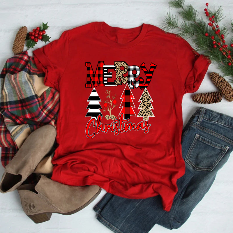 Foreign Trade Christmas Tree T-shirt Men And Women Red