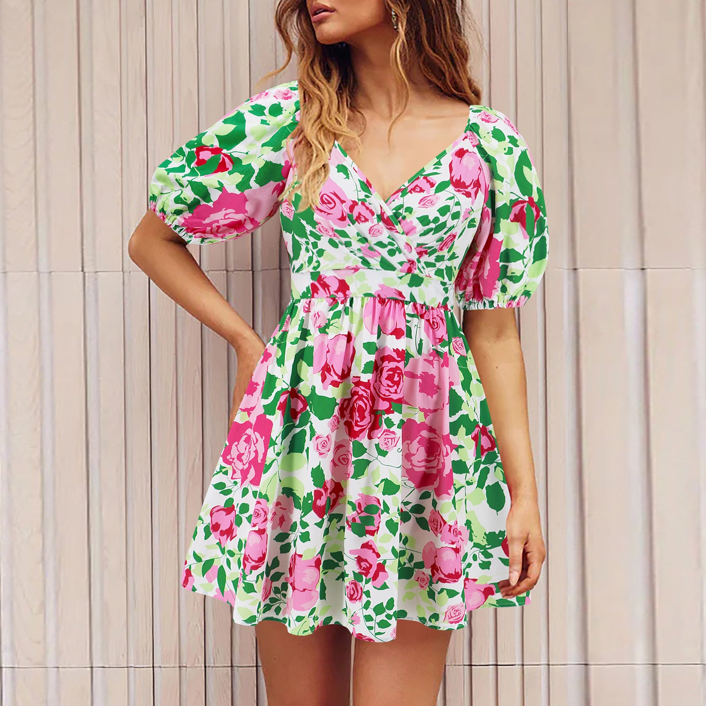 Flowers Print V-Neck Lantern-sleeve Dress Y2K Summer Vacation