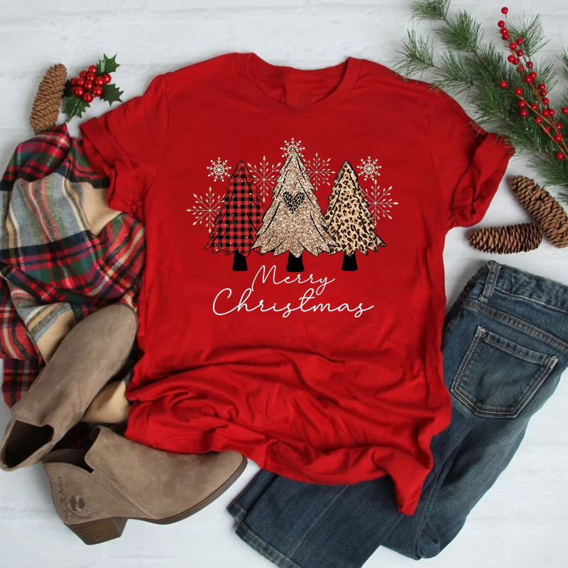 Foreign Trade Christmas Tree T-shirt Men And Women Red