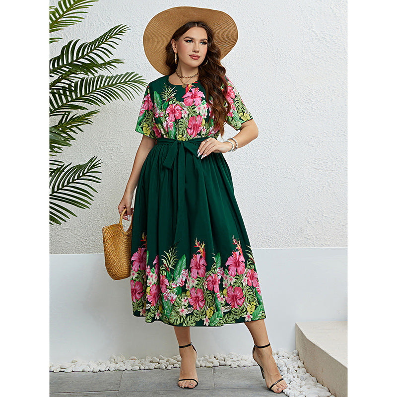 Summer Green Printing Lace-up Waist-controlled Dress For Women