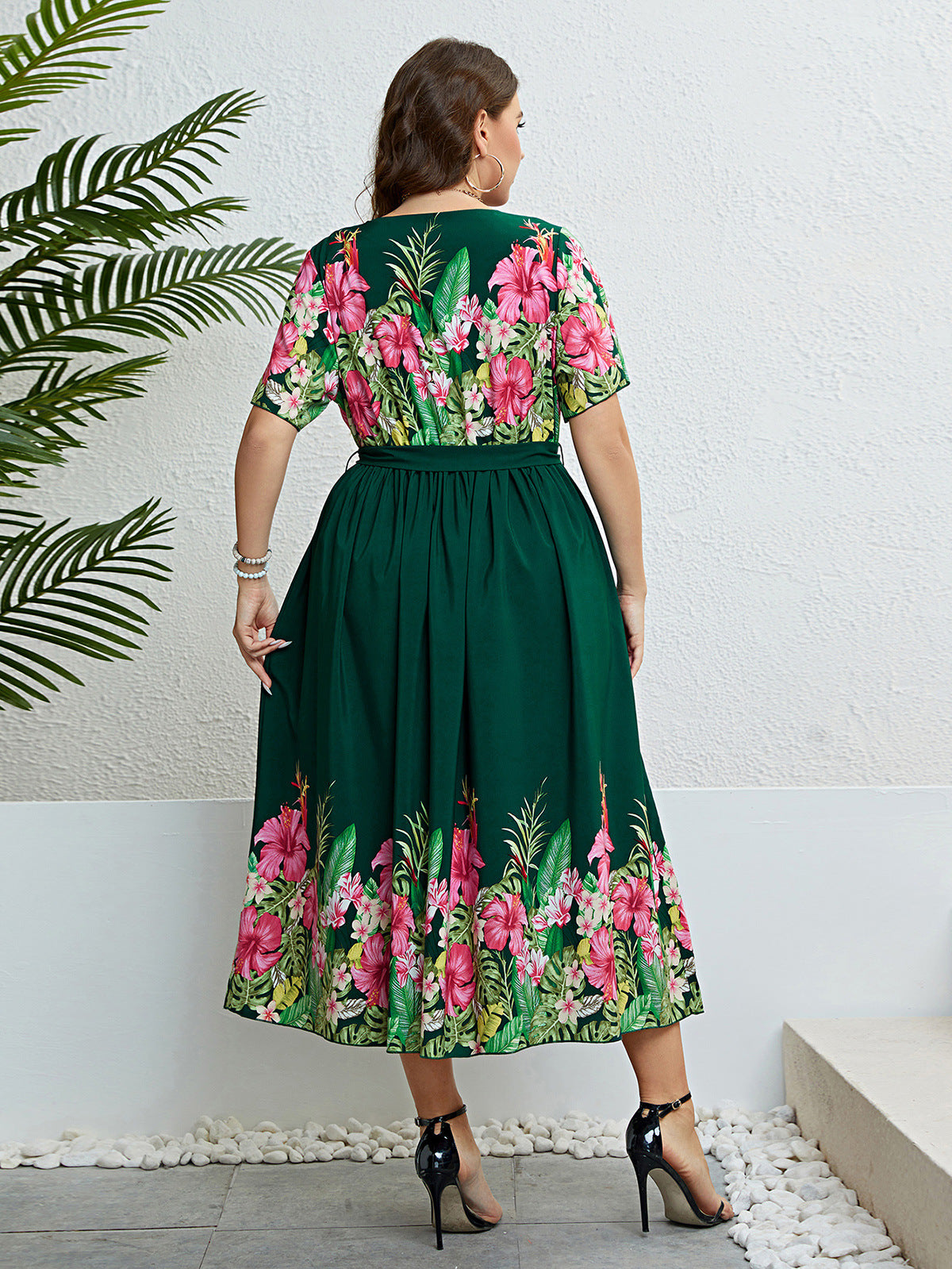 Summer Green Printing Lace-up Waist-controlled Dress For Women