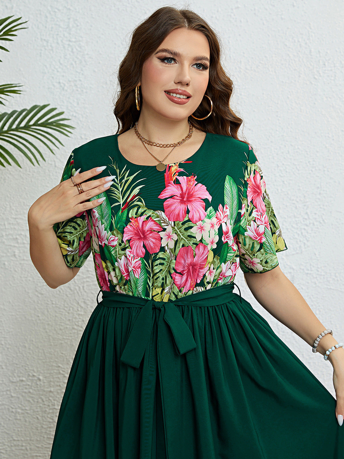 Summer Green Printing Lace-up Waist-controlled Dress For Women