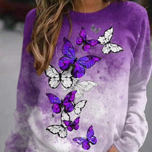 Flower Butterfly Round Neck Sweatshirt Female