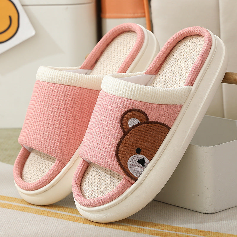 Cute Cartoon Bear Linen Slippers For Women Indoor Non-slip