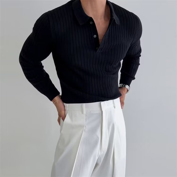 Lapel Button Long Sleeve Polo Shirt Slim Top Men's