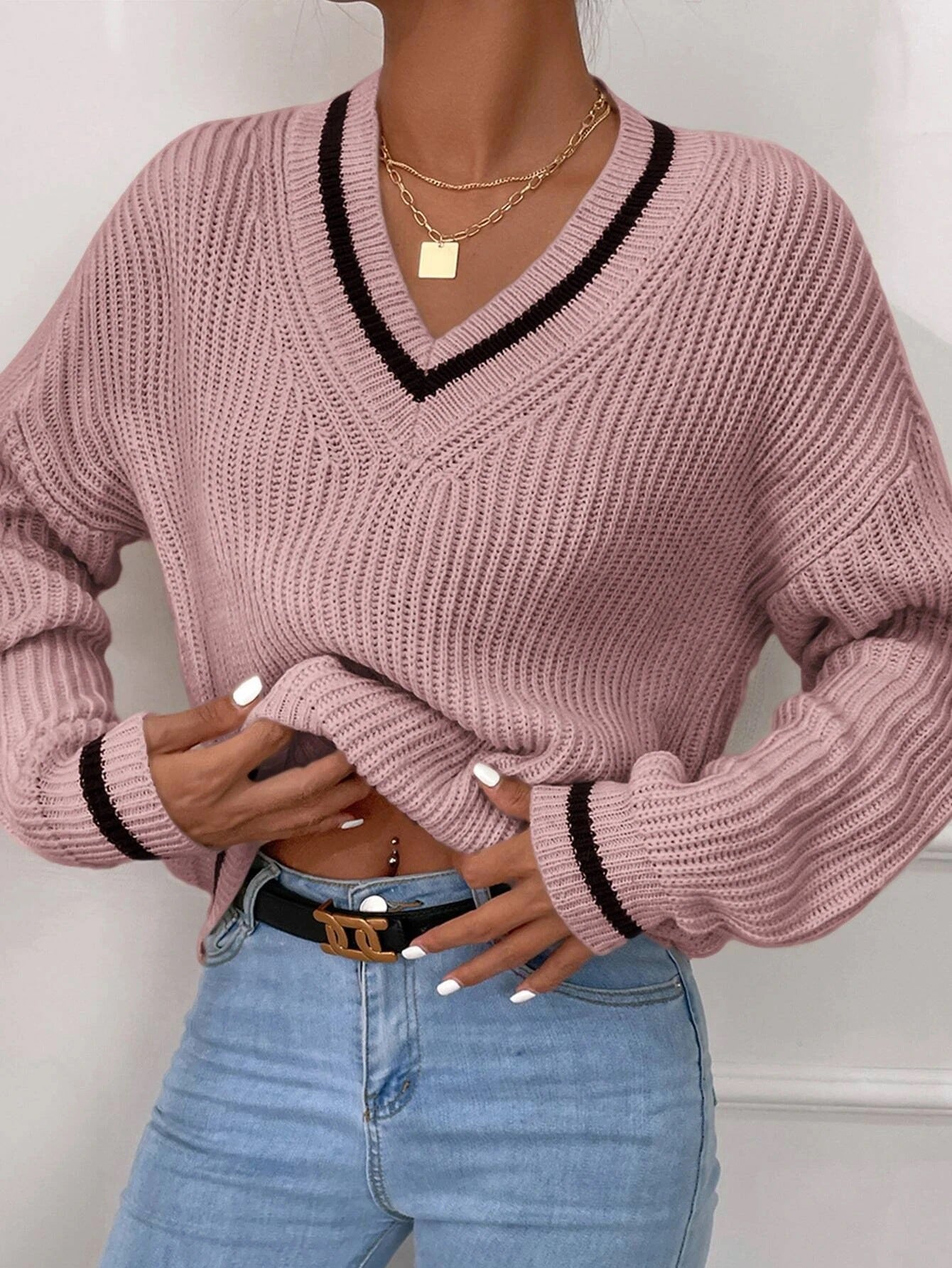 Winter Women's Clothes Cable Knit V Neck Sweaters Casual Long Sleeve Striped Pullover