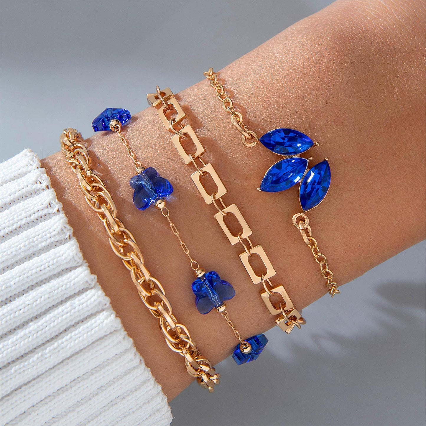 4pcs Blue Flower Love Butterfly Bracelet Set With Rhinestones Design