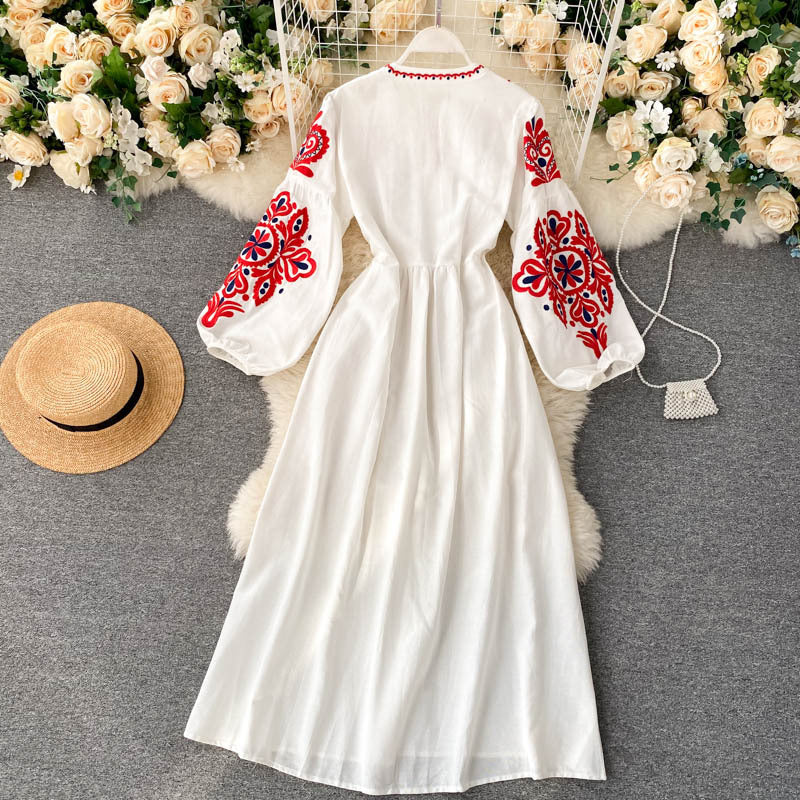 Bohemian Ethnic Embroidery Flowers Lantern Sleeves Folds Loose And Thin Wild Long Skirt Dress Women