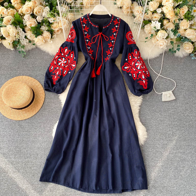 Bohemian Ethnic Embroidery Flowers Lantern Sleeves Folds Loose And Thin Wild Long Skirt Dress Women