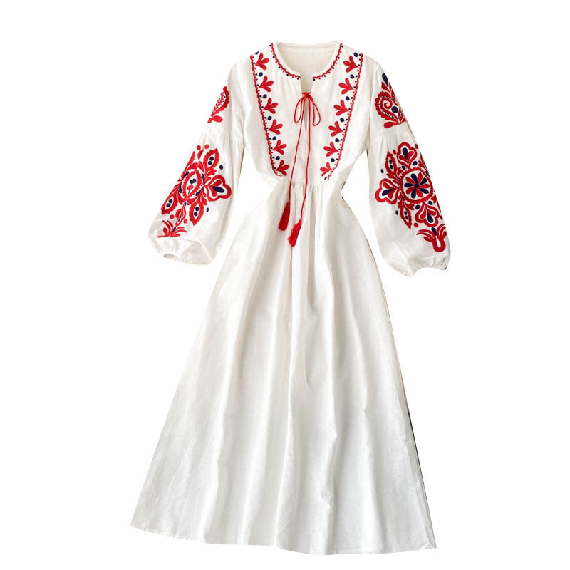 Bohemian Ethnic Embroidery Flowers Lantern Sleeves Folds Loose And Thin Wild Long Skirt Dress Women