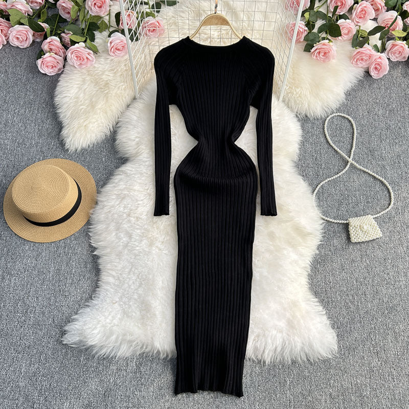 Long Sleeve Round Neck Sexy Slim Fit Dress Waist