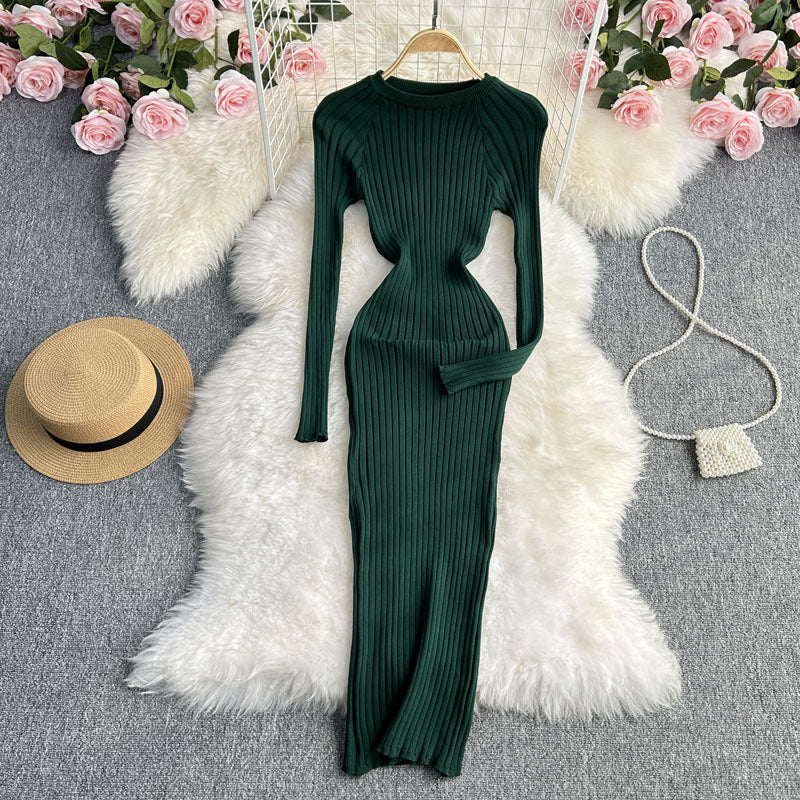 Long Sleeve Round Neck Sexy Slim Fit Dress Waist