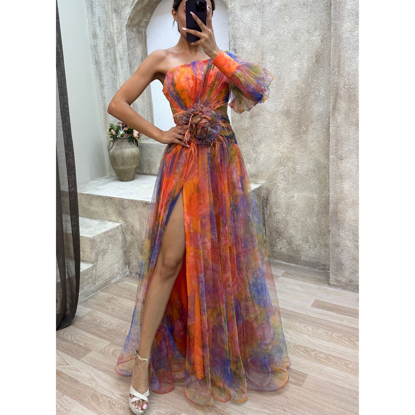 Mesh Tie-dye Printed Off-shoulder Slit Dress Summer