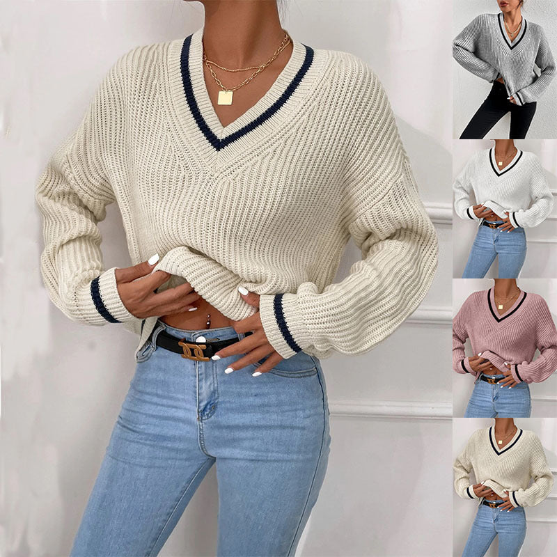 Winter Women's Clothes Cable Knit V Neck Sweaters Casual Long Sleeve Striped Pullover