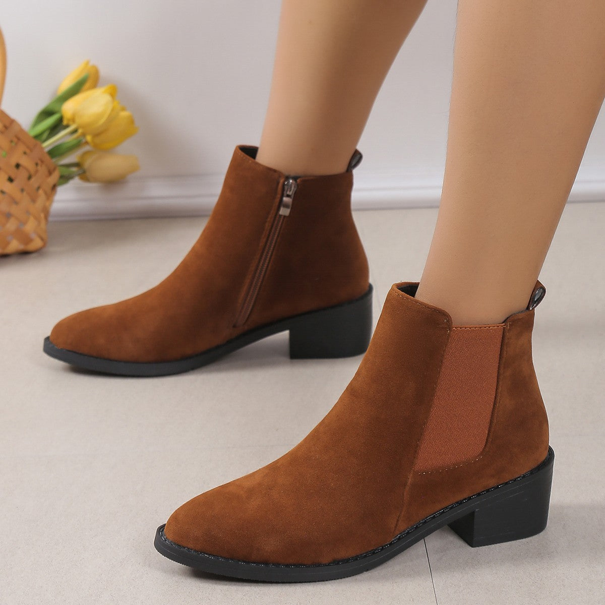 Women's Fashion Ankle Boots With Side Zipper Chunky Heel Boots Slip On Comfortable