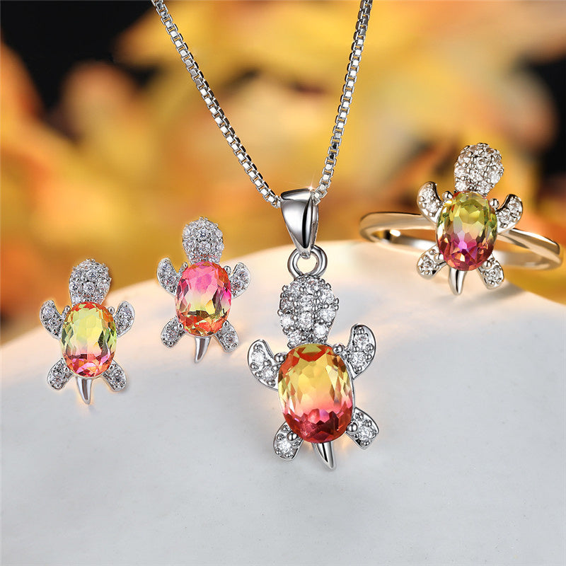 Fashion Oval Zircon Pendant Turtle Shape Necklaces With Rainbow Stone Multicolor Animal Necklace