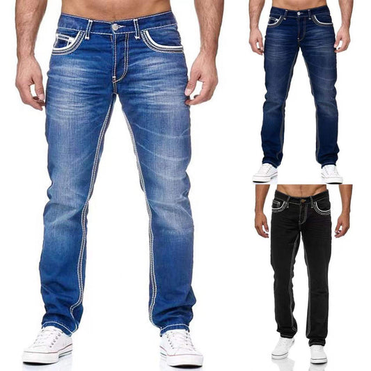 Men Jeans With Pockets Straight Pants Business Casual Daily Streetwear Trousers Men's