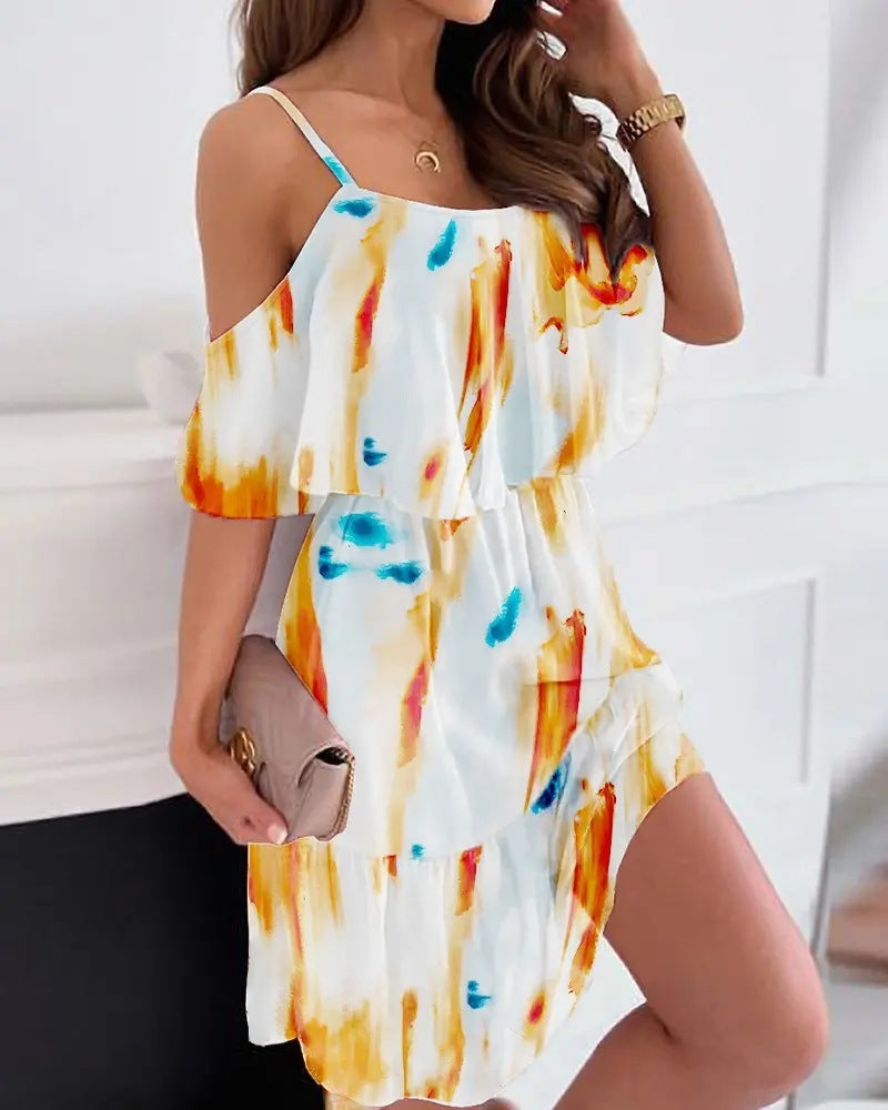 Flower Printed Ruffled Suspender Dress Summer Off-the-shoulder